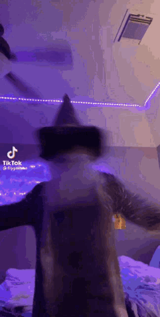 a person in a witch costume is dancing in a room with purple lights on the ceiling .
