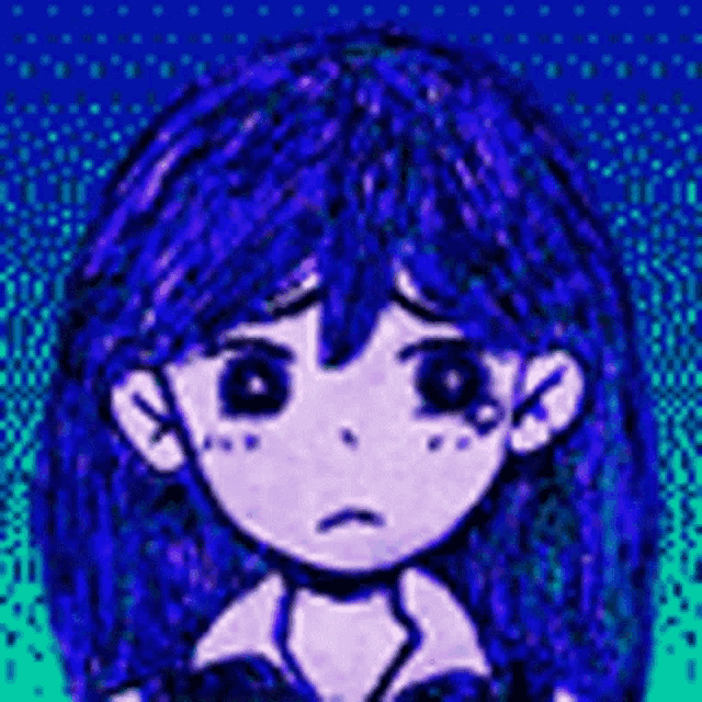 a pixel art drawing of a girl with blue hair and purple eyes .