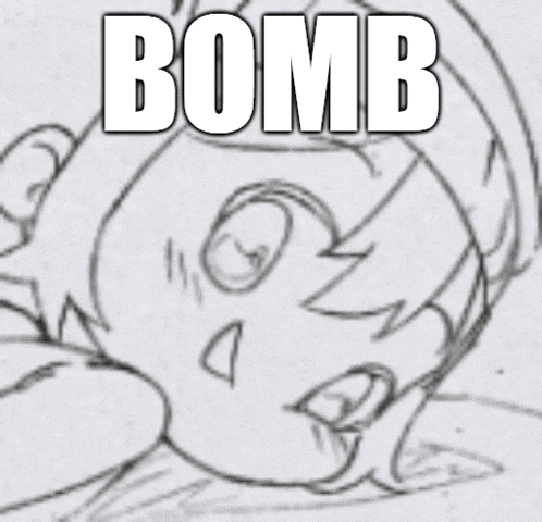 a black and white drawing of a person with the word bomb on it