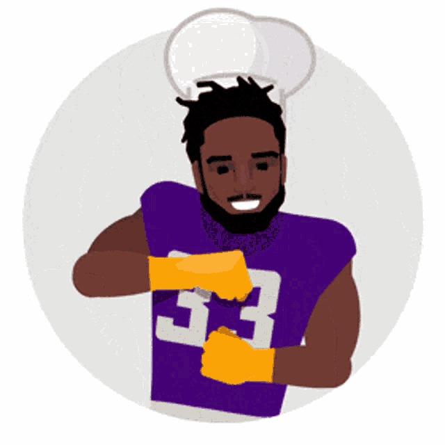 a man wearing a chef hat and gloves is wearing a purple jersey with the number 53 on it