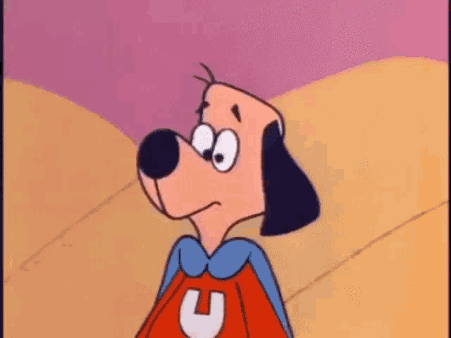 a cartoon dog is wearing a cape with a wrench on it and making a sad face .