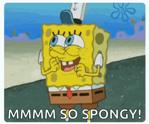 a cartoon of spongebob saying ' mmmm so spongy '