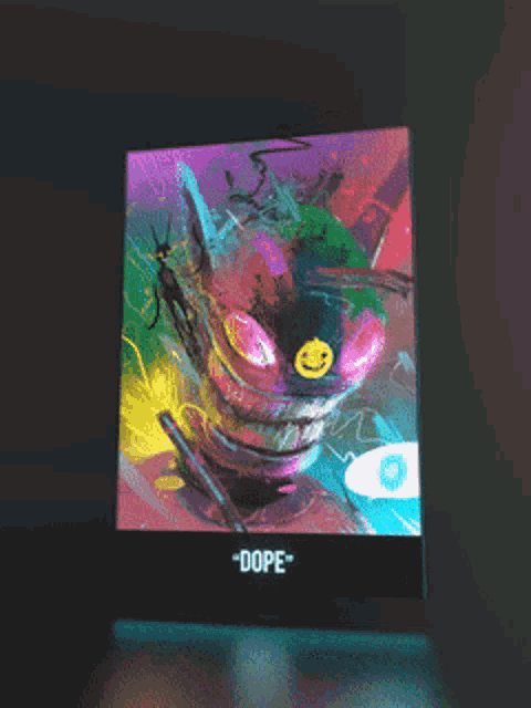 a painting of a cat with a smiley face and the word dope below it