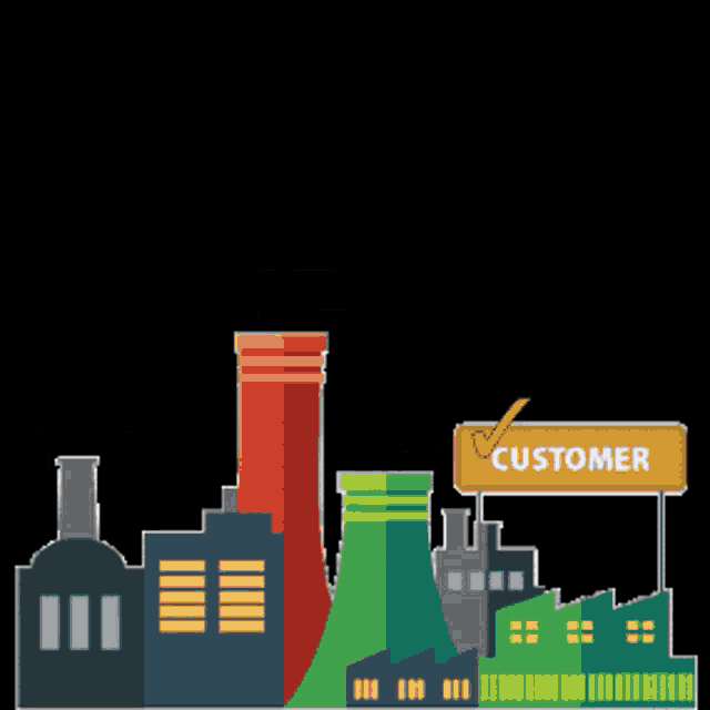 a cartoon illustration of a factory with a sign that says customer