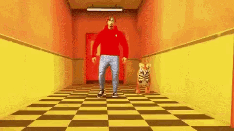 a man in a red hoodie is dancing in a hallway next to a stuffed animal tiger .