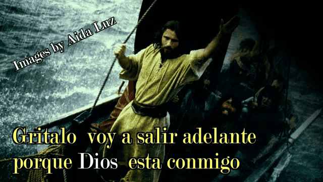 a picture of jesus in a boat with the words " images by aida luz " on the bottom