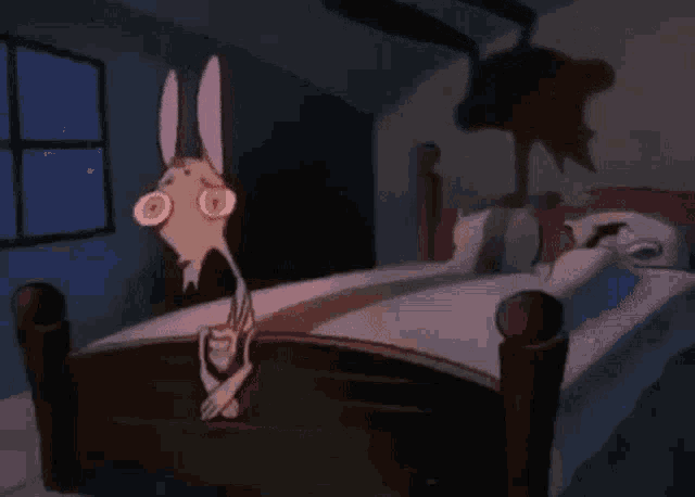 a cartoon character is standing next to a bed in a room .