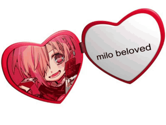 a red heart shaped mirror with milo beloved written on it