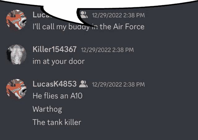 a screenshot of a conversation between lucask4853 and killer154367