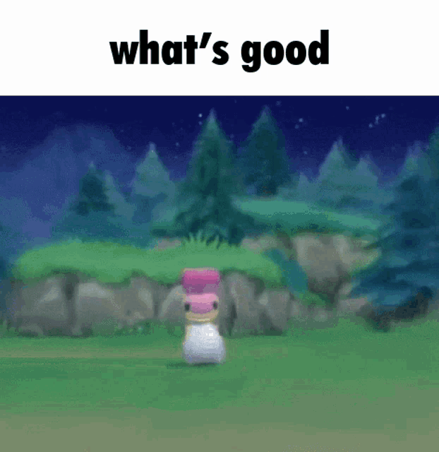 a snowman is standing in a field with the words `` what 's good '' written on the bottom .