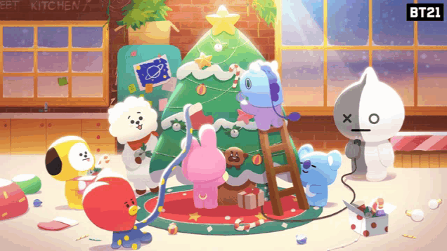 a group of cartoon characters decorating a christmas tree with bt21 in the corner