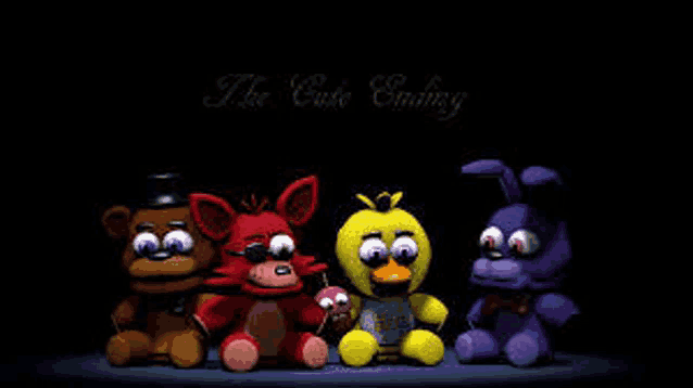 a group of five nights at freddy 's stuffed animals are sitting next to each other on a stage .