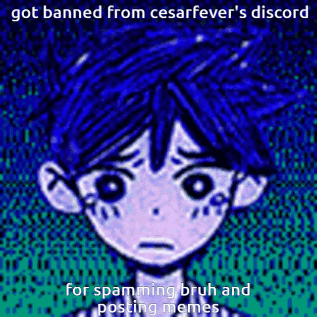a cartoon of a boy with blue hair is being banned from cesarfever 's discord