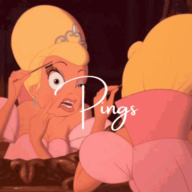 a princess is applying makeup in front of a mirror and the word pings is on the bottom