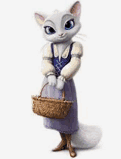 a white cartoon cat is holding a basket .