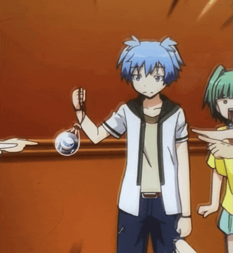 a boy with blue hair is holding a ball in his right hand