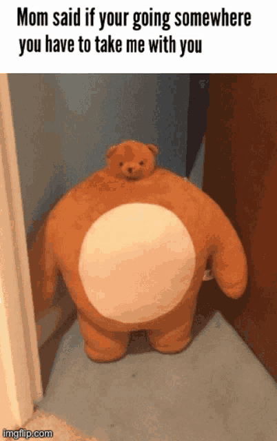 a stuffed teddy bear with a huge head is standing next to a door and says mom said if your going somewhere