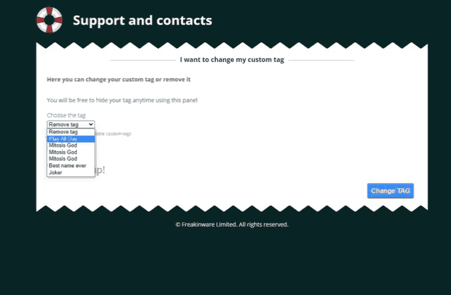 a support and contacts page that allows you to change your custom tag