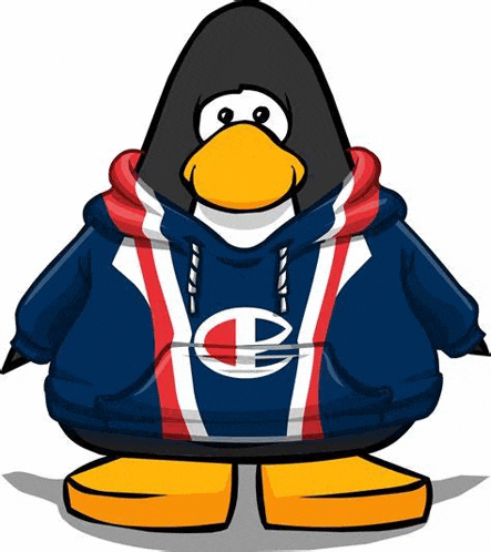 a penguin is wearing a blue and red hoodie with a champion logo on the front .