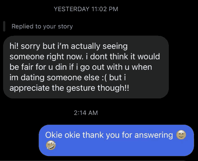 a screenshot of a text message between two people that says okie okie thank you for answering