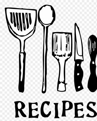 a black and white drawing of kitchen utensils with the word recipes below them