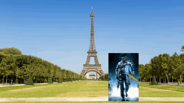 a picture of the eiffel tower with a picture of a soldier in front of it