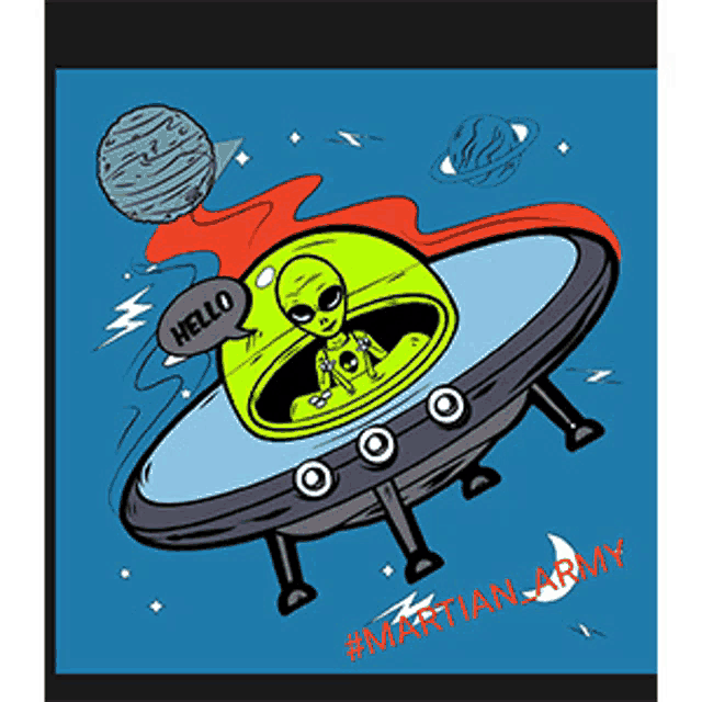 a cartoon illustration of an alien in a spaceship with the words martian army written on the bottom