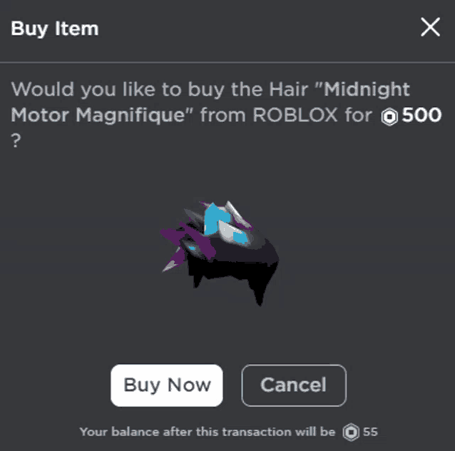 a screenshot of a buy item asking if you would like to buy the hair " midnight motor magnifique " from roblox for 500