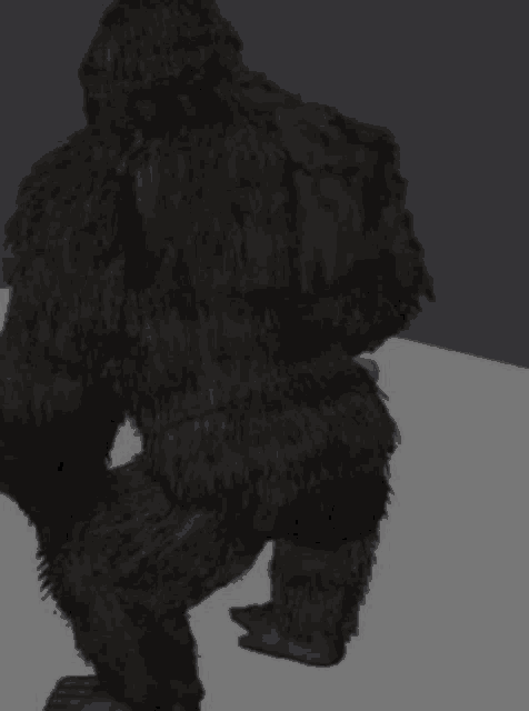 a black and white drawing of a furry gorilla standing on a gray surface .