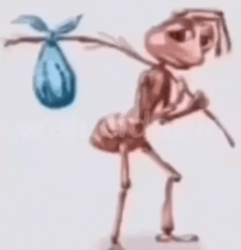 a drawing of an ant carrying a bag on its back