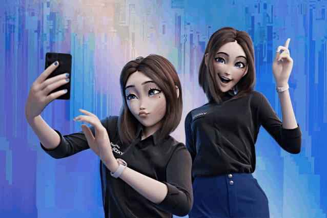 two female cartoon characters wearing galaxy shirts take a selfie together