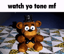 a teddy bear wearing a top hat is sitting on a quilt with the words watch yo tone mf below it