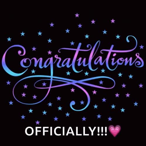 the word congratulations is on a black background with purple and blue stars