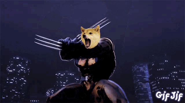 a gif of a doge holding a sword with the words gif jif in the bottom right corner