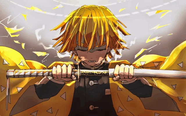 a boy with yellow hair is holding a sword in his hands