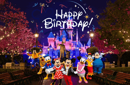 a group of mickey mouse characters standing in front of a castle with the words happy birthday written on the bottom