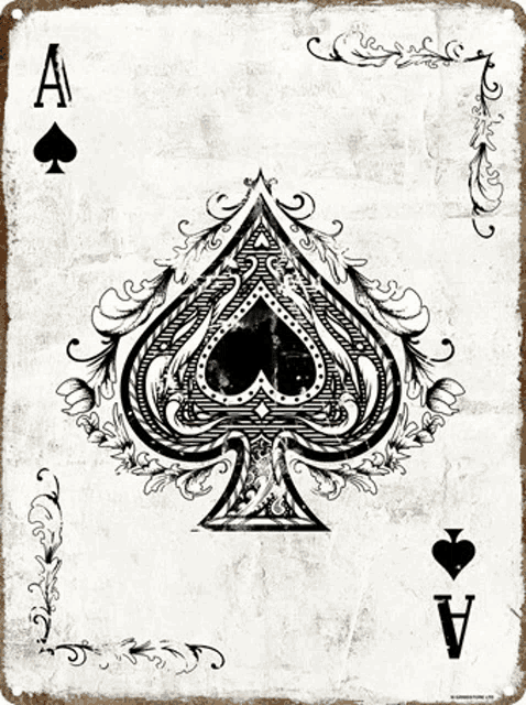 a black and white playing card with a spade and hearts on a white background .