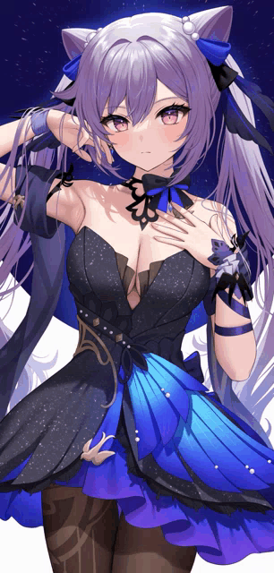 a girl with purple hair and a blue dress