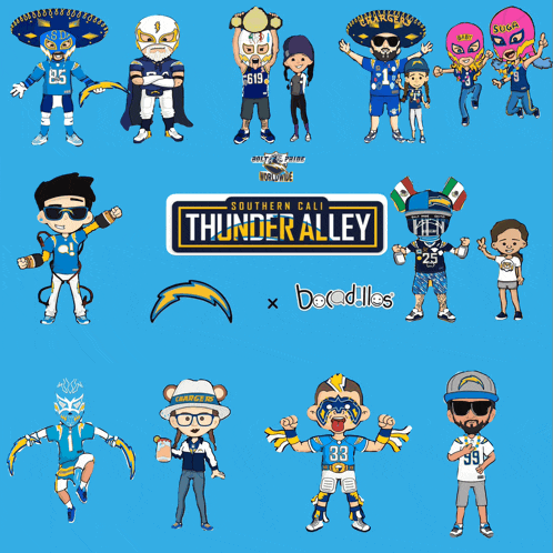 a thunder alley logo with a bunch of cartoon characters