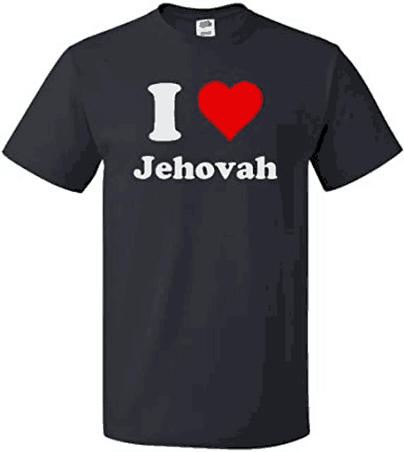 a black t-shirt that says `` i love jehovah '' with a red heart in the middle .