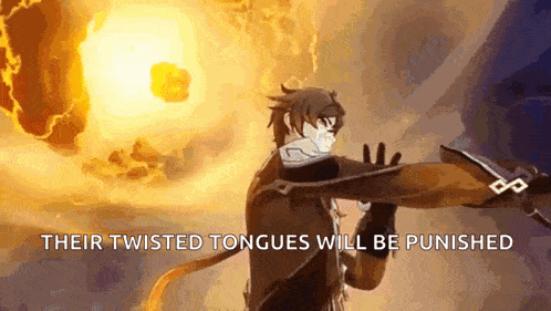 a man is holding a sword in front of a explosion and says `` their twisted tongues will be punished ''