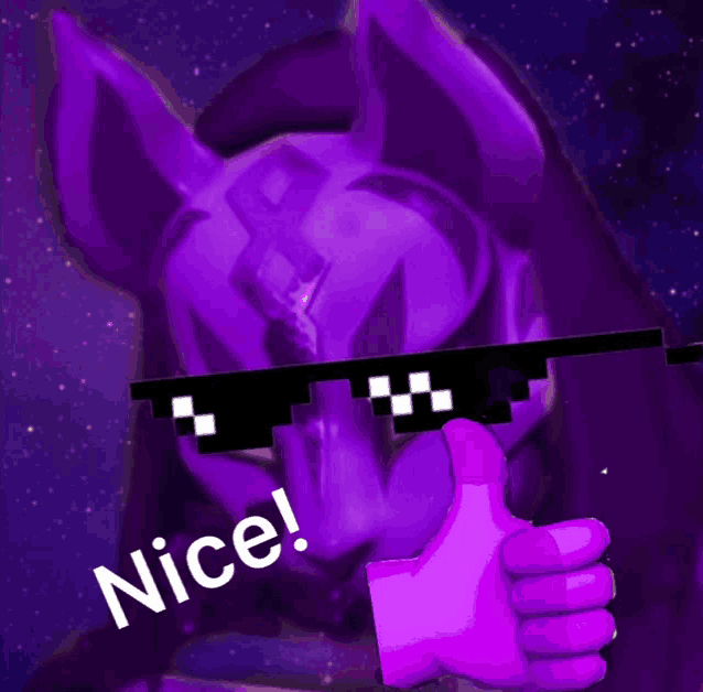 a purple cat is wearing sunglasses and giving a thumbs up with the words nice below it