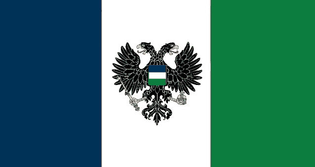 a blue white and green flag with a double headed eagle