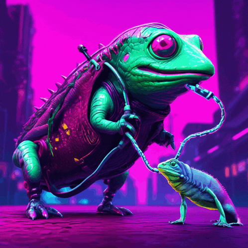 a frog is holding a lizard on a leash in front of a pink background