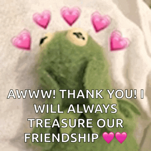 kermit the frog is surrounded by pink hearts and says awww thank you