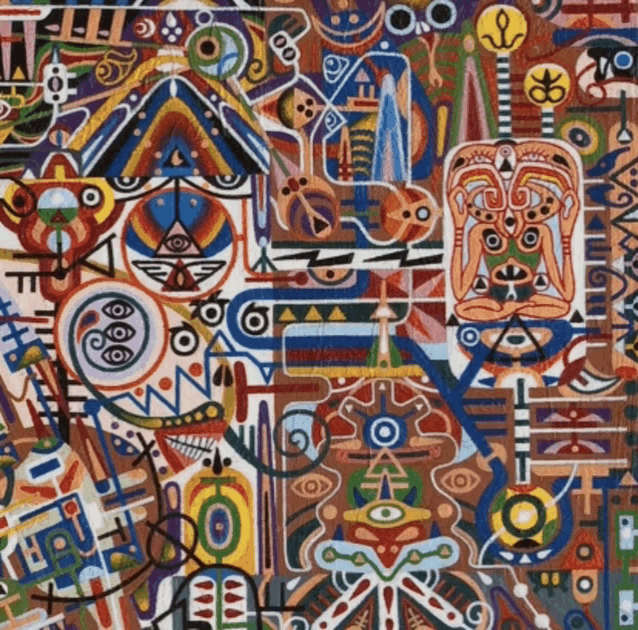 a colorful painting with the letter o on the bottom left