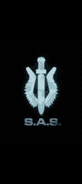 a s.a.s logo with a sword and wings on a black background