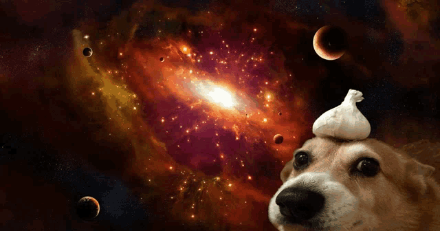 a dog with a garlic on its head looks at a galaxy in the background