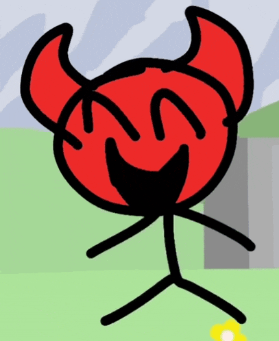 a stick figure with red horns and a black face