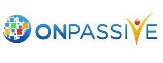 the onpassive logo is a blue and yellow logo with a globe in the middle .